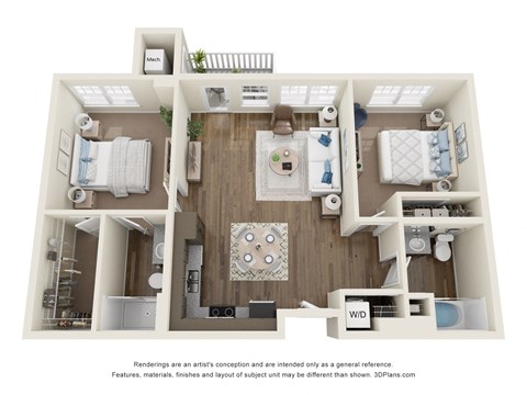 Floor plan for 2 beds, 2 baths, 919 sqft